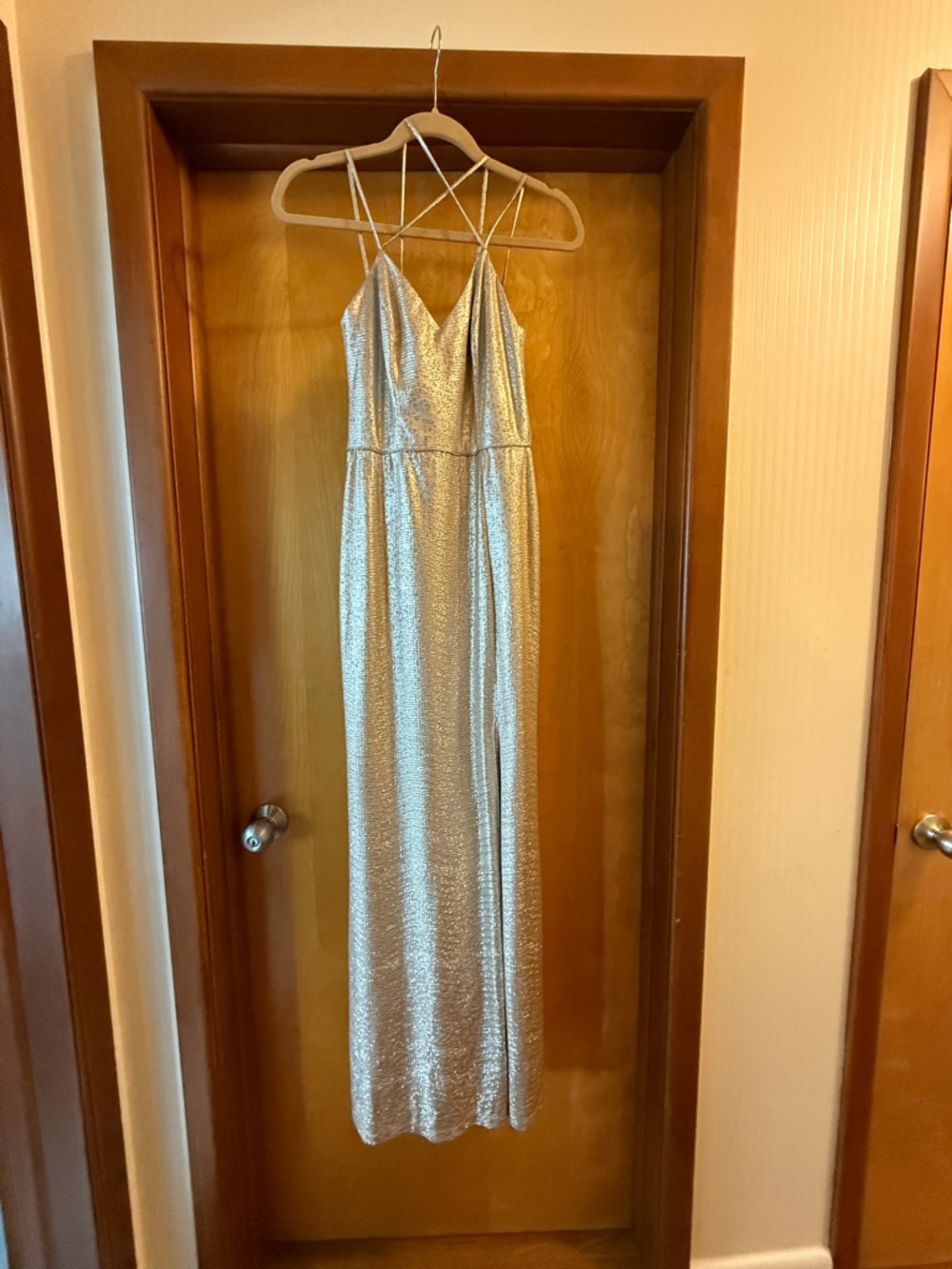 ABS Allen Schwartz Gold Metallic Strappy V-Neck Maxi Gown